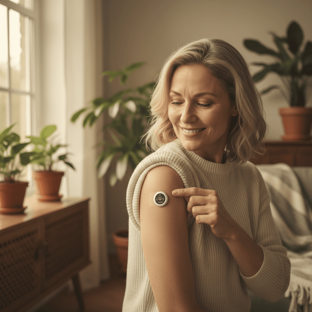 Adult woman calmly checking a continuous glucose monitor at home in soft warm light.
